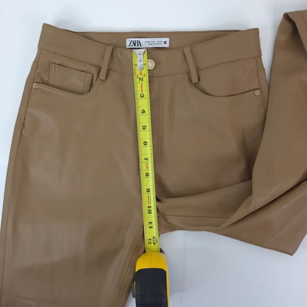 Zara Pants Womens 4 (27x25.5) Vegan Brown Faux Leather Flare Mid Rise‎